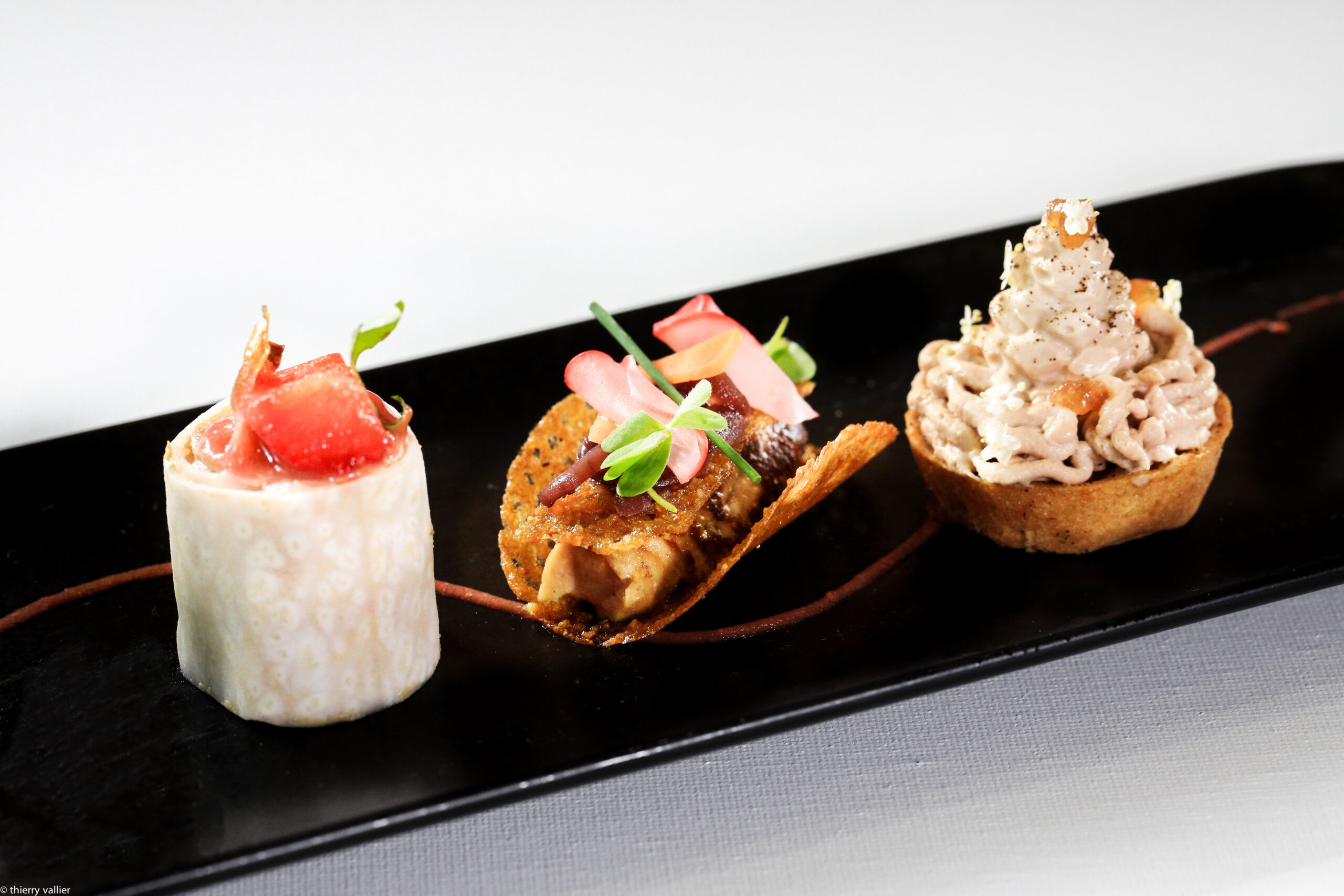 Spirale de céleri au foie gras, dentelle de maïs et foie gras poêlé, Mont-Blanc au foie gras – Recettes de Paul MARCON