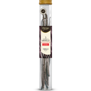 "5 gousses de vanille Bourbon de Madagascar dans un tube en verre"